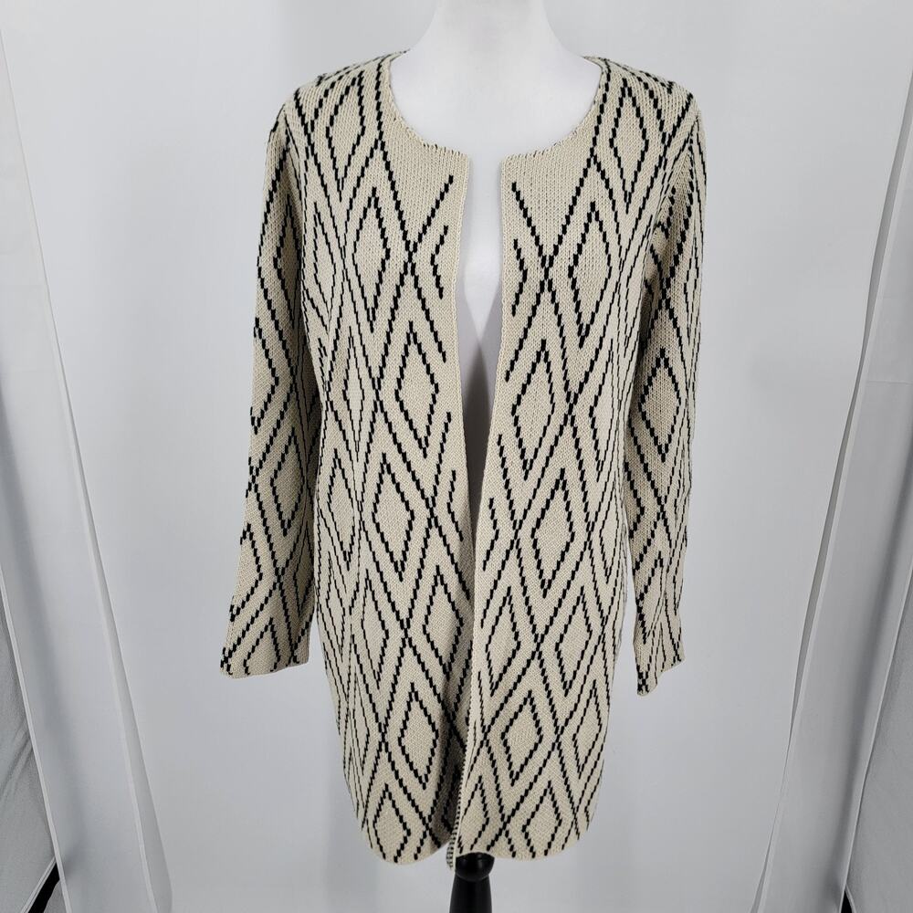Oliver by Escio Cardigan Womens Small Open Front Ivory Black Geometric Print